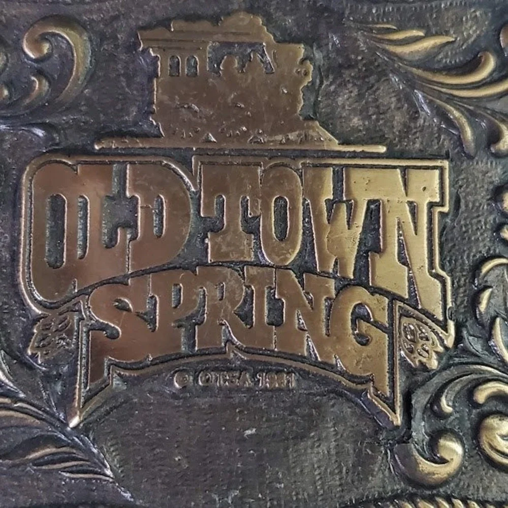 Vintage 1982 Old Town Spring Texas Train Belt Buckle TRG Co Brass Tone Western